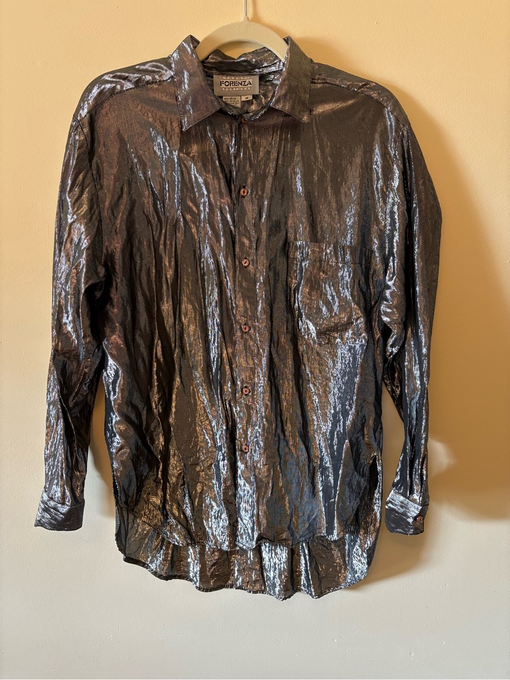 Forenza Sportwear Metallic Silver Button-Down Shirt Size Medium Vintage